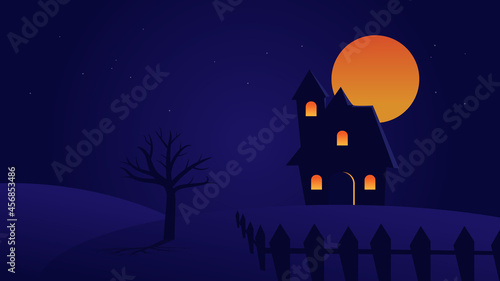 night landscape scene with house on hill and full moon with star in dark sky with copy space for design 