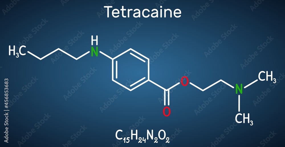 Tetracaine, amethocaine molecule. It is local anesthetic widely used in ophthalmology. Structural chemical formula on the dark blue background. Vector illustration