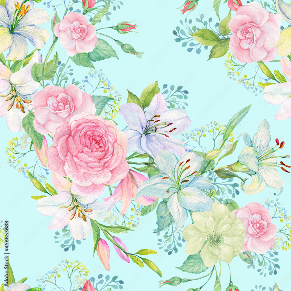beautiful floral seamless ornament with roses and lilies.Illustration watercolor hand painting on a blue background beautiful floral seamless ornament with roses and lilies.Illustration watercolor hand painting on a blue background