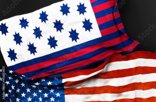 Flag of Guilford Courthouse along with a flag of the United States of America as a symbol of unity between them, 3d illustration
