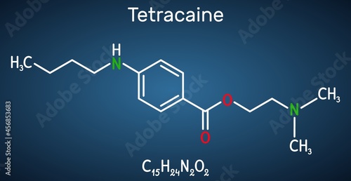 Tetracaine, amethocaine molecule. It is local anesthetic widely used in ophthalmology. Structural chemical formula on the dark blue background. Vector illustration