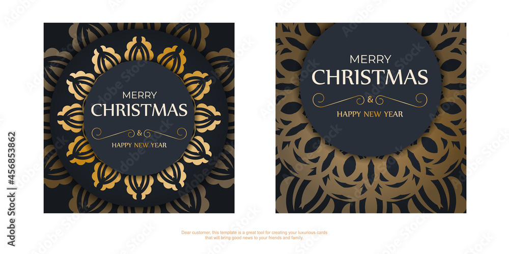 Dark blue happy new year brochure with vintage gold pattern