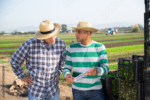 Two farmers are planning work on the field
