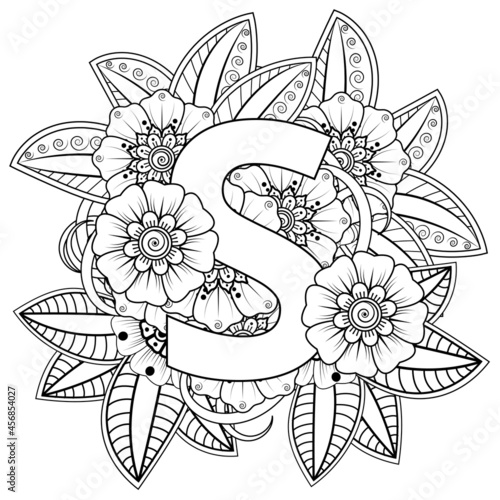 Letter S with Mehndi flower. decorative ornament in ethnic oriental style. coloring book page. 