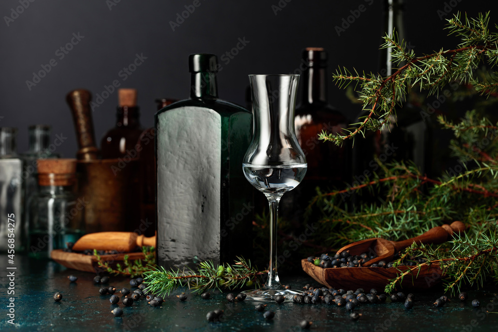 Gin with juniper seeds and branches on an old table.