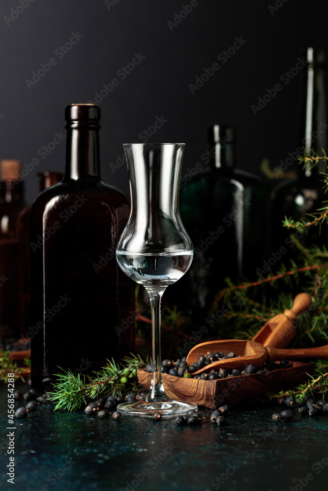 Obraz premium Gin with juniper seeds and branches on an old table.