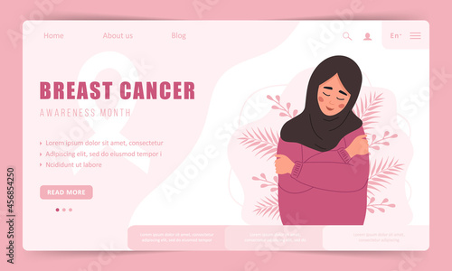 Breast cancer awareness month. Landing page template. Happy arab woman in hilab hugging herself. Annual international health campaign. Vector illustration in flat cartoon style.