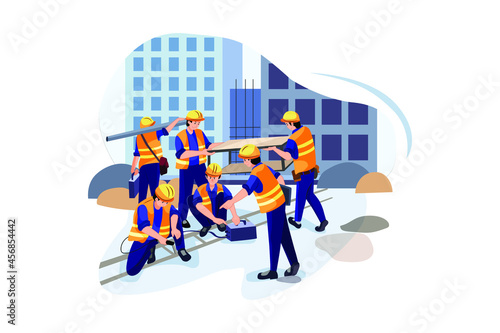 Construction site manager showing details to worker