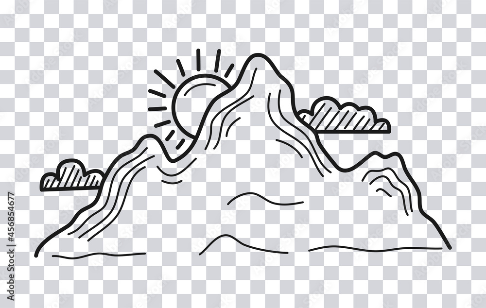 Hand drawn Mountains and Clouds isolated on transparent background. Vector illustration.