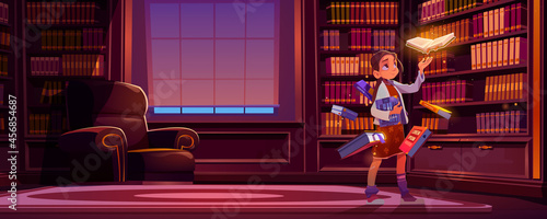 Girl with flying books with magic glow in library at night. Vector cartoon illustration of luxury library interior at home, school or shop with bookcases, armchair and child