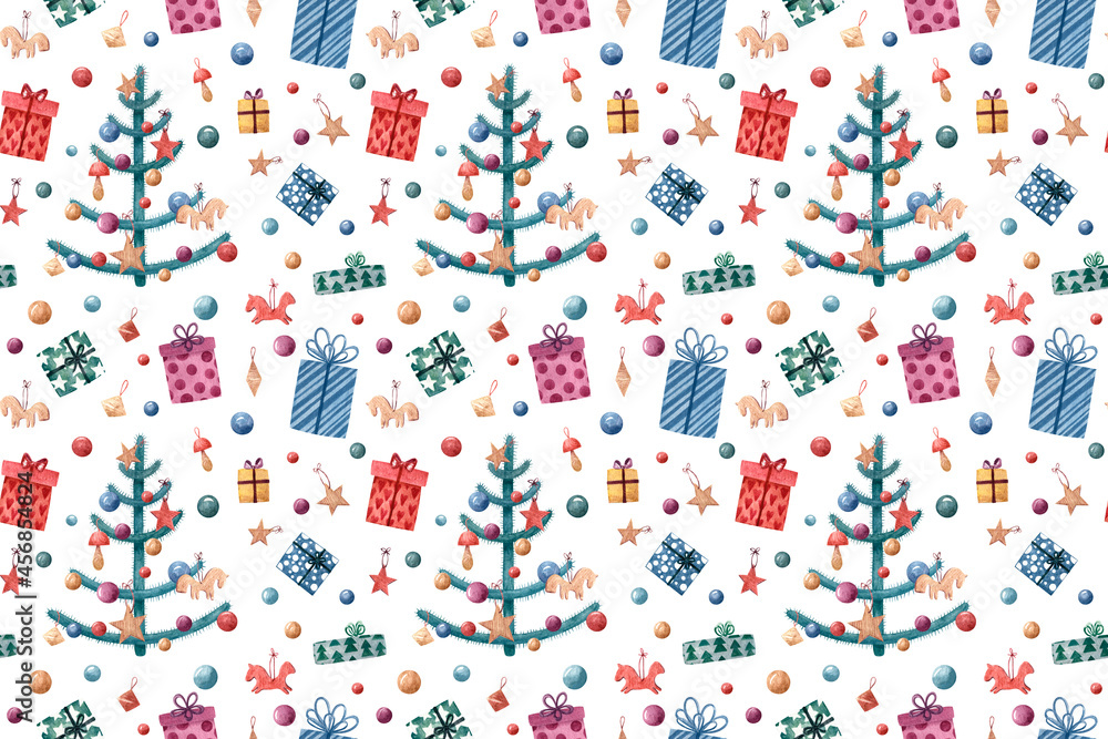 Seamless pattern with Christmas tree, colorful toys (balls and wooden toys) and boxes with gifts for the holiday and new year. Suitable for wrapping paper, gift bags and festive decor. Watercolor . Seamless pattern with Christmas tree, colorful toys (balls and wooden toys) and boxes with gifts for the holiday and new year. Suitable for wrapping paper, gift bags and festive decor. Watercolor .