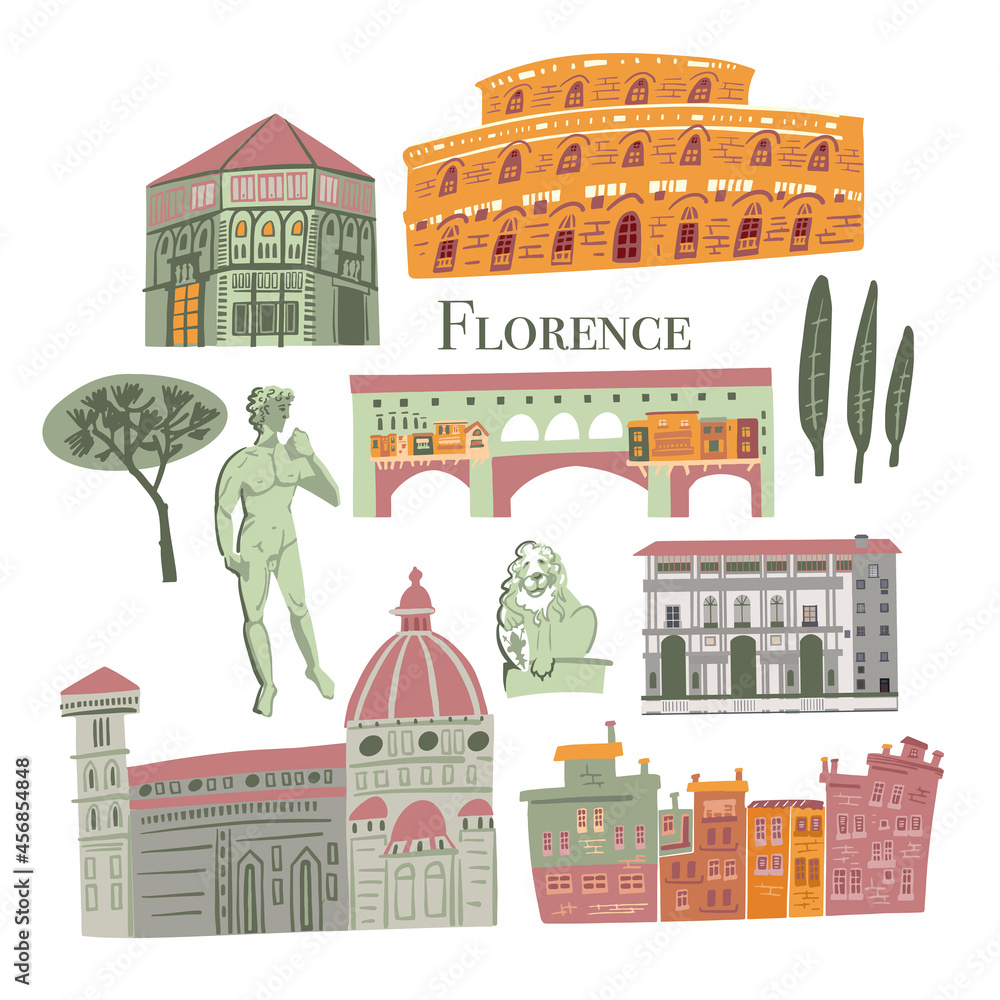 Florence icons set. Traditional symbols and buildings full color vector illustration.