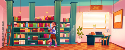 Girl in library choose books for reading lying on shelves in school or public athenaeum large bright room interior with ladder and librarian table, child searching literature, Cartoon vector athenaeum photo