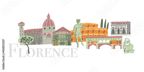 Florence banner with landmarks icons set. Traditional symbols, buildings full color vector illustration.