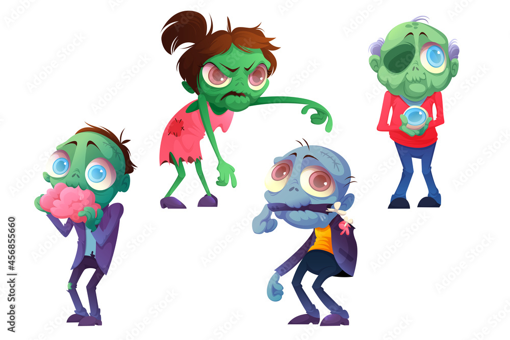 Cartoon zombie halloween characters, funny horror mascots eating brain,  holding eye ball, chewing arm and walking with raised hands. Creepy dead  monsters, men or women personages, Vector illustration Stock Vector | Adobe