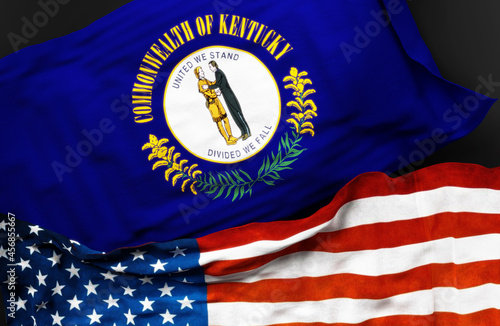 Flag of Kentucky along with a flag of the United States of America as a symbol of unity between them, 3d illustration photo