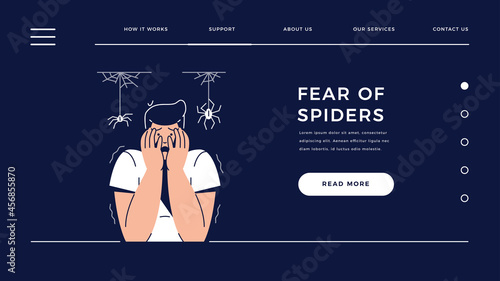 Fear of Spiders, Arachnophobia web template. Scared Frightened Man Character with hands on the face is afraid of Spiders. Irrational Fears, Phobia, Panic Attack for homepage.Flat vector illustration