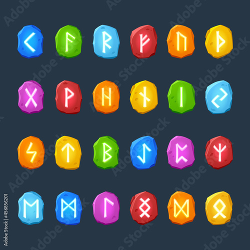 Rune stones with white sacred glyphs for game design isolated on dark background. Vector cartoon set of colored stones with shiny magic signs, scandinavian runic characters