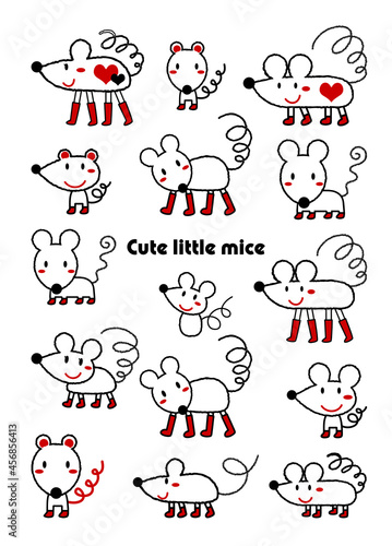                                                                                                 Cute little mice. Drawings by children. Illustration set. vector. 