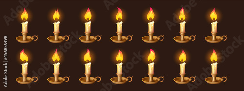 Cartoon burning candles in candlestick motion sequence animation, sprite movement, glowing lights with melted wax. Ui or gui design elements for computer game, isolated vector illustration, icons set