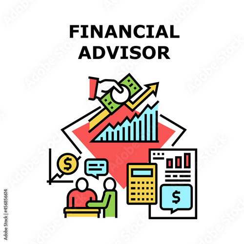 Financial Advisor Vector Icon Concept. Financial Advisor Researching Financial Report And Giving Advice For Client. Businessman Professional Finance Consultation Color Illustration