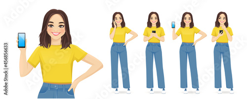 Young woman with short hairstyle in casual style clothes using mobile phone isolated vector illustration