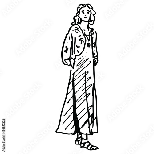 Standing young girl in fancy long dress. Beautiful blonde woman. Female portrait. Hand drawn linear doodle rough sketch. Black ink silhouette on white background.