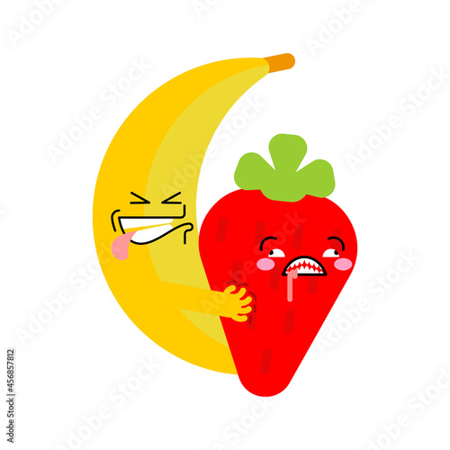 Banana and strawberry sex. Fruit intercourse. Fruits reproduction. vector illustration
