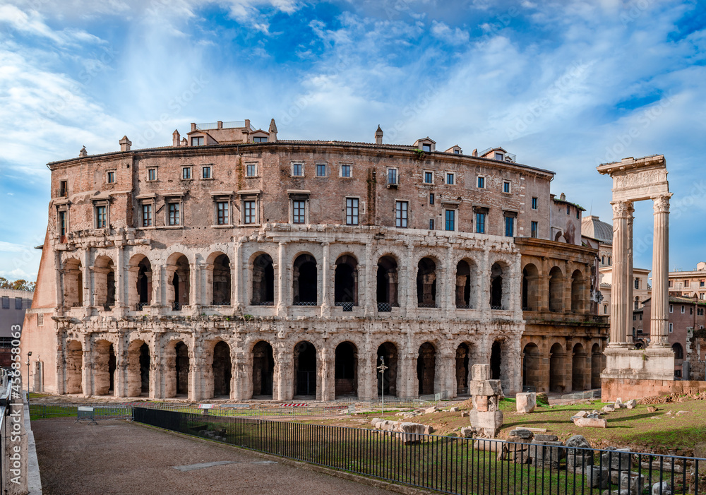 The Theatre of Marcellus, an ancient open-air theatre in Rome, Italy, built in the closing years of the Roman Republic. The ruins of Temple of Apollo Palatinus are on the right.
