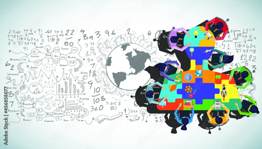 Naklejka premium Businessman and woman brainstorm success with jigsaw human head, plan,think,search,analyze,communicate, futuristic idea innovation technology modern.vector