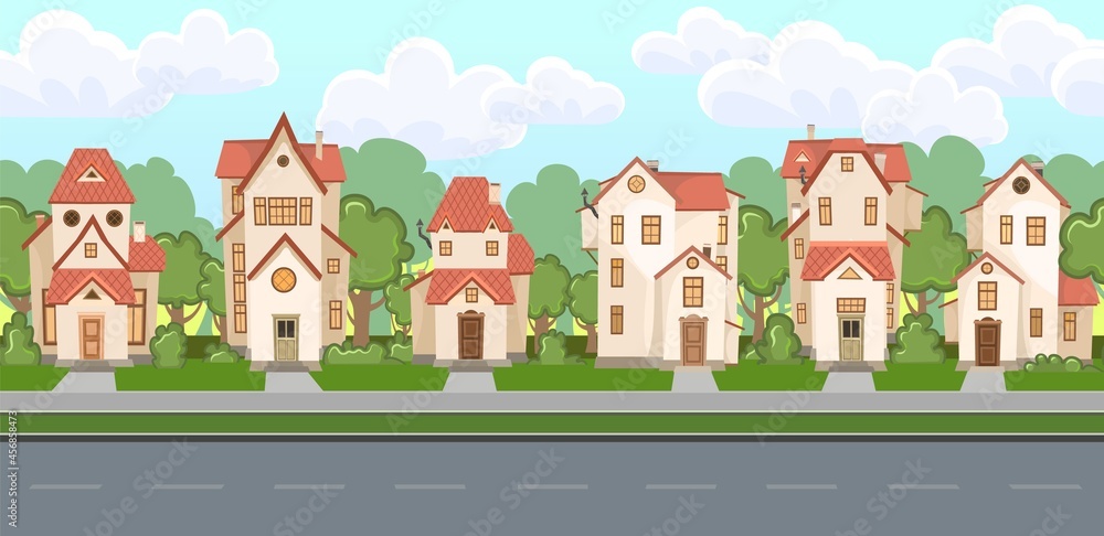 Street. Cartoon houses with a road. Asphalt. Village or town. Seamlessly. A beautiful, cozy country house in a traditional European style. Trees. Nice funny home. Rural building. Vector