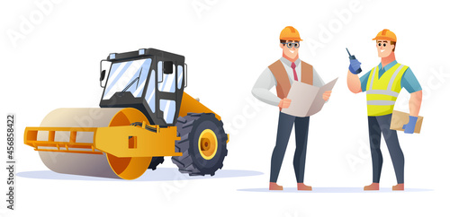 Construction foreman and engineer character with steamroller compactor illustration