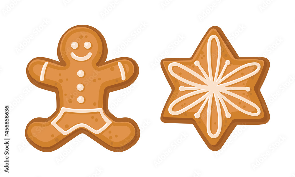 Snowflake and Gingerbread Man as Shaped Baked Cookie and Merry Christmas Symbol Vector Set Snowflake and Gingerbread Man as Shaped Baked Cookie and Merry Christmas Symbol Vector Set
