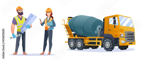 Male and female construction engineer characters with concrete mixer truck illustration