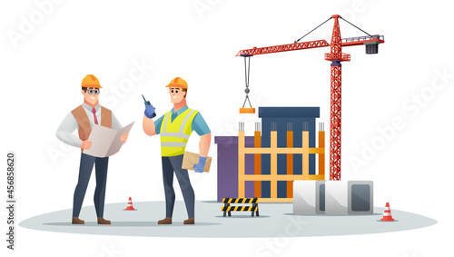 Construction foreman and engineer character on construction site with tower crane illustration