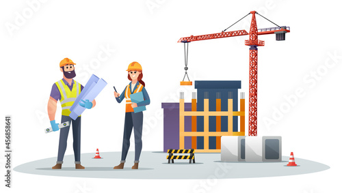 Male and female construction engineer characters on construction site with tower crane illustration