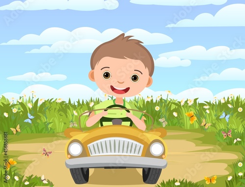 Childrens adventure in small car. Sandy glade on meadow. Kid drives pedal or electric toy automobile. Cartoon illustration. Summer rural landscape. Vector