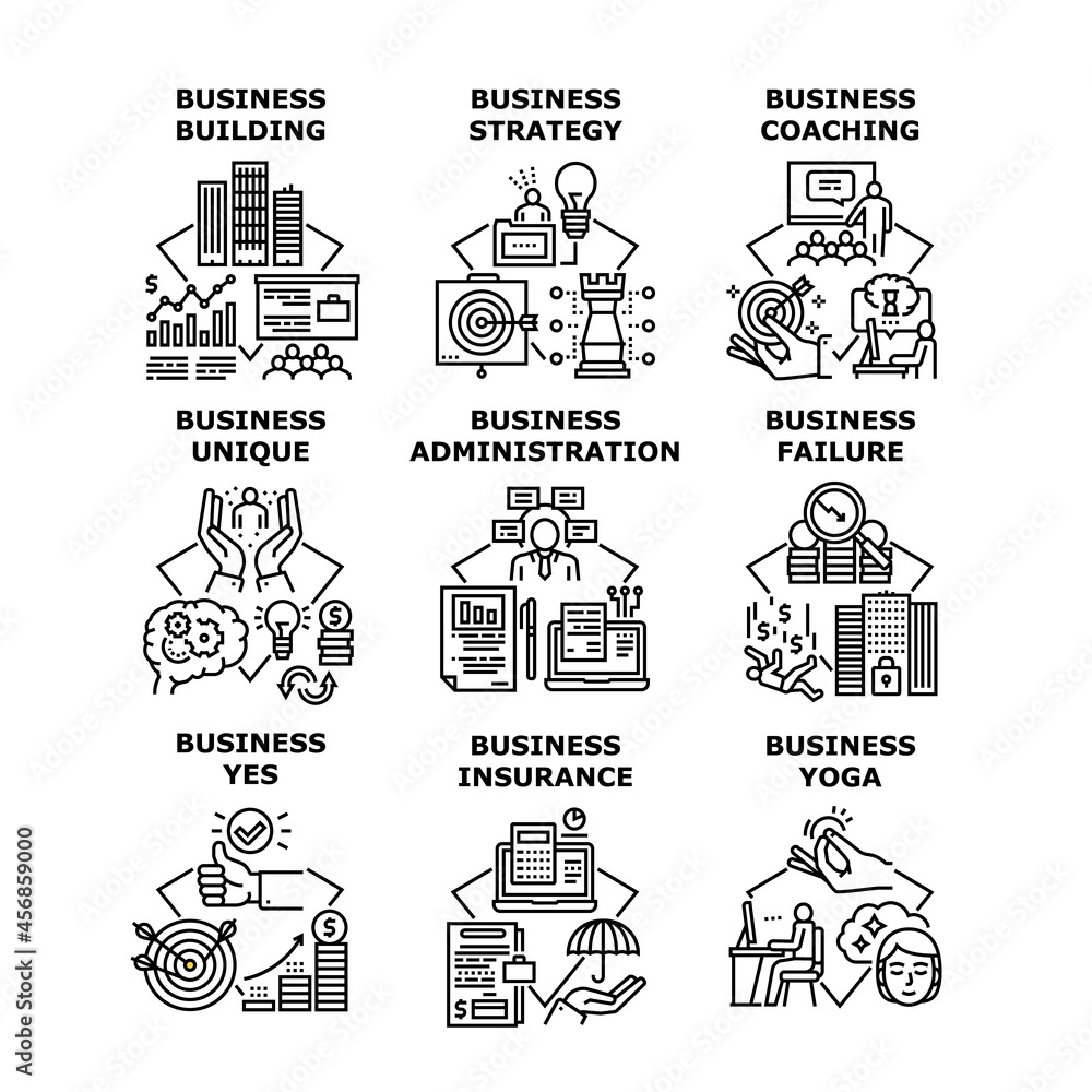 Business Strategy Set Icons Vector Illustrations. Business Center Building Insurance And Coaching Employers, Unique And Failure, Administration And Yoga Exercise Training Black Illustration