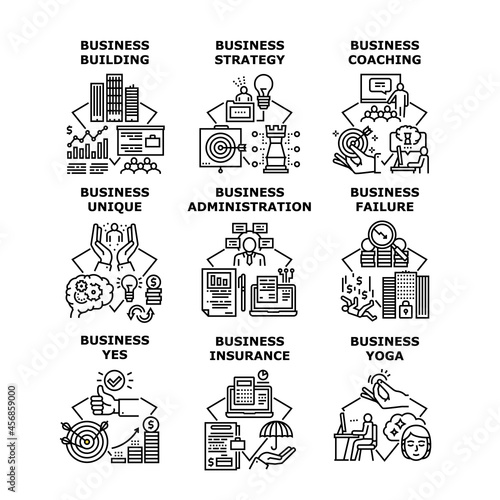 Business Strategy Set Icons Vector Illustrations. Business Center Building Insurance And Coaching Employers, Unique And Failure, Administration And Yoga Exercise Training Black Illustration