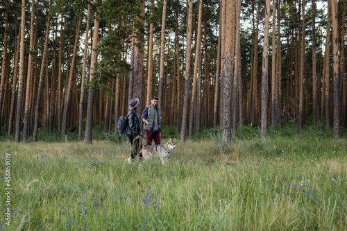 Young husband and wife walking with husky dog among pinetrees in the forest