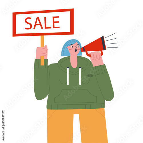 Woman holding a poster with the text "Sale". Girl speaking into a mouthpiece. Flat vector illustration. 