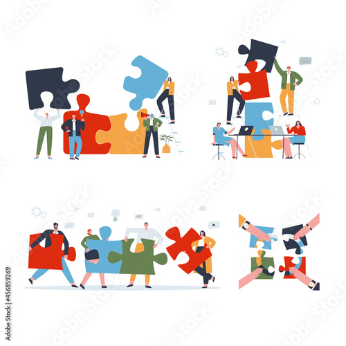 A set of teamwork concepts. Visualization of communication and collaboration in a company. Working together. Flat vector illustration.