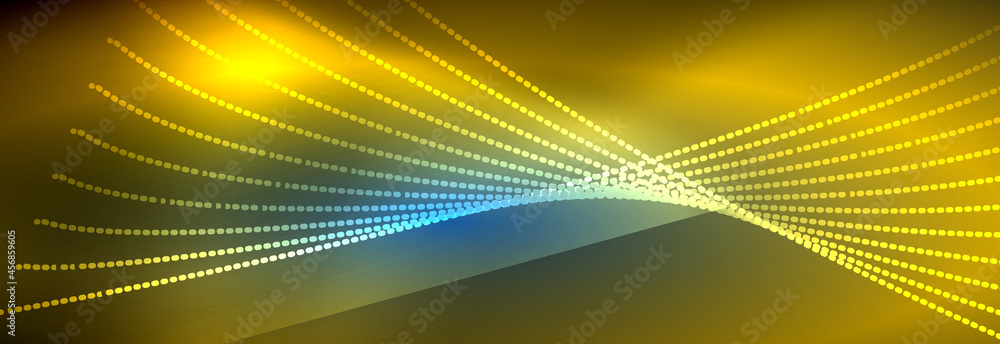 Neon shiny color background with light glowing wave line particles. Wallpaper background, design templates for business or technology presentations, internet posters or web brochure covers Neon shiny color background with light glowing wave line particles. Wallpaper background, design templates for business or technology presentations, internet posters or web brochure covers