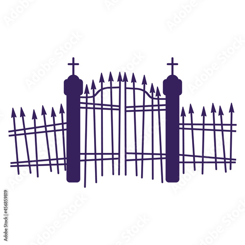 Silhouette of a cemetery gate.