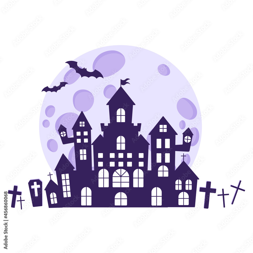 Halloween silhouettes of a medieval haunted castle in a cemetery against the backdrop of a full moon and bats.