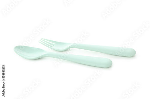 Plastic spoon and fork isolated on white background