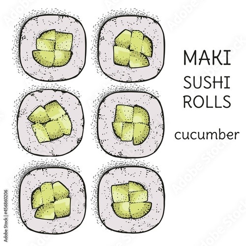 Hand-drawn Color illustrations of sushi rolls with cucumber. Kappa Maki roll. Top view. A collection vector isolated objects on a white background. For the design of menu pages, recipes, advertising