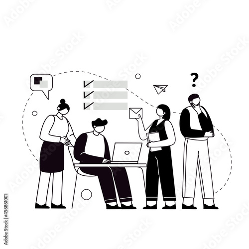 The concept of joint teamwork, building a business team. Vector illustration of working characters, people connecting pieces of puzzles. Metaphor of cooperation and business partnership.
