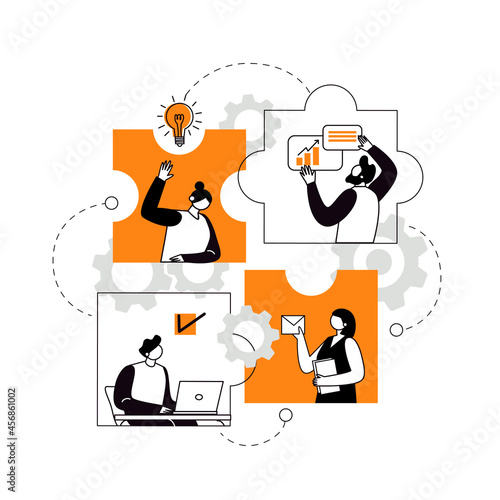 The concept of joint teamwork, building a business team. Vector illustration of working characters, people connecting pieces of puzzles. Metaphor of cooperation and business partnership.