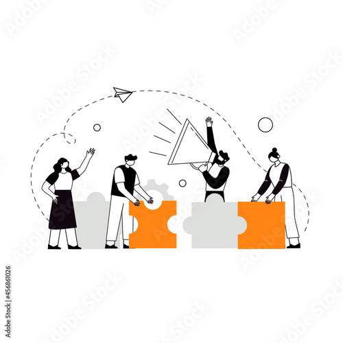 The concept of joint teamwork, building a business team. Vector illustration of working characters, people connecting pieces of puzzles. Metaphor of cooperation and business partnership.